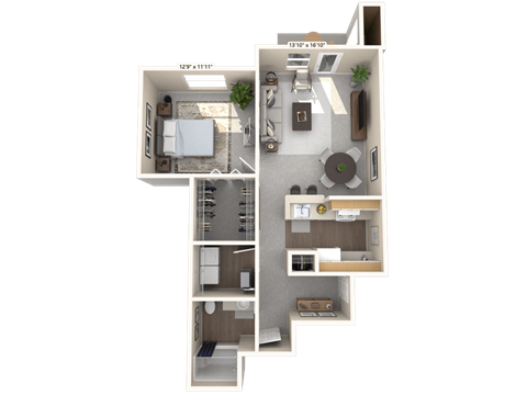 Floor plan for 1 bed, 1 bath, 788 sqft